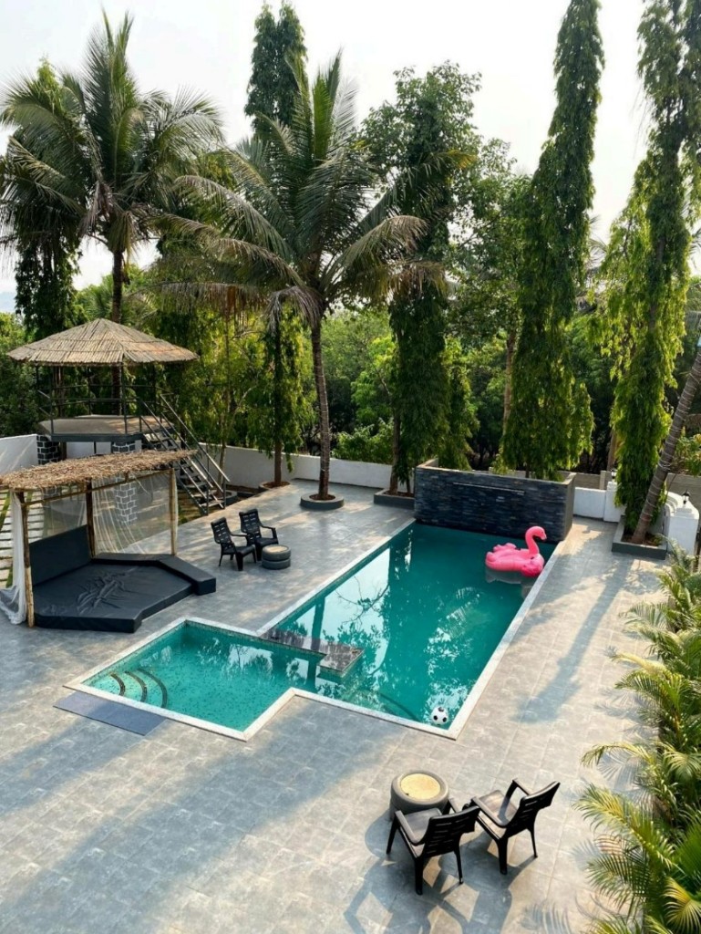 Aerial view of private pool and tropical patio at Ariyo Villa